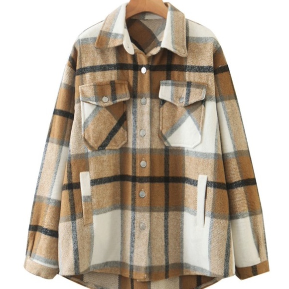 Plaid Stripe Tan Oversized Flannel Shirt Shacket - Picture 5 of 5